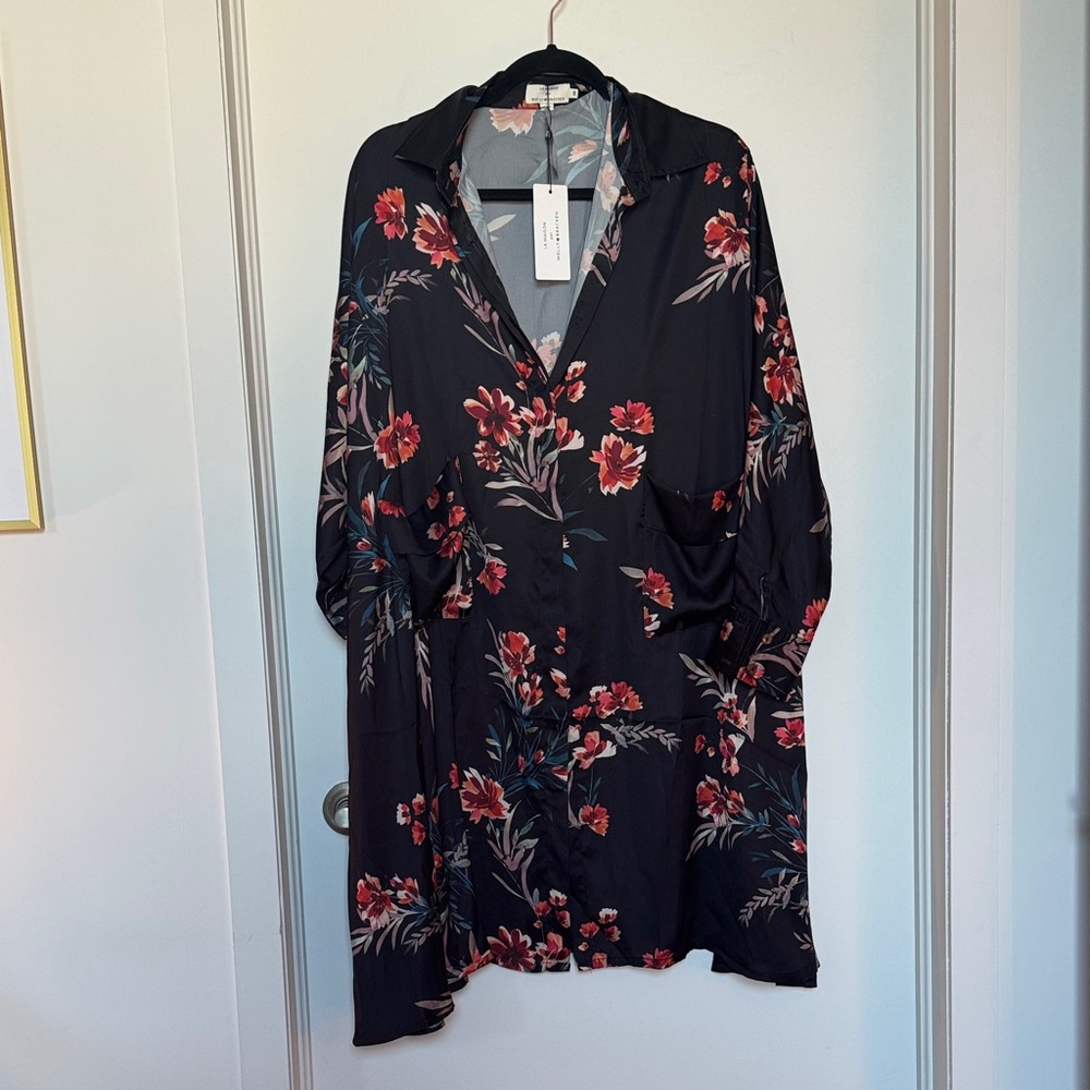 Molly Bracken Black Shirt Dress with Red Floral Design